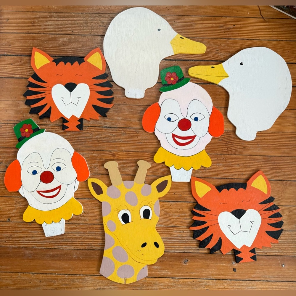 Vintage Circus Carnival Game Wooden Handmade Cutouts, Lot of 7, Clown, Tiger…